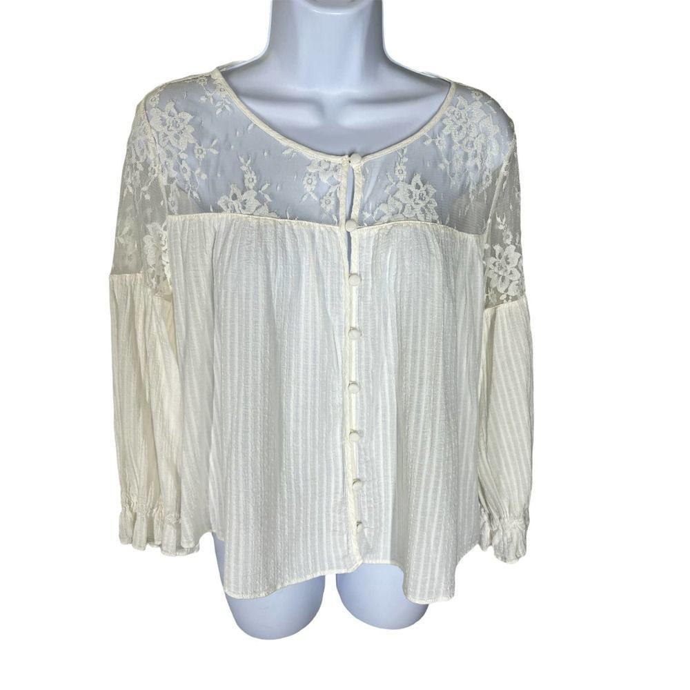 Free People Ivory Elysium Lace Button Down Top Women’s Size Large
